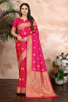 Magenta Woven Silk Blend Saree With Blouse