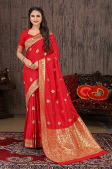 Red Woven Silk Blend Saree With Blouse