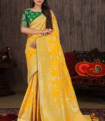 Yellow Woven Silk Blend Saree With Blouse