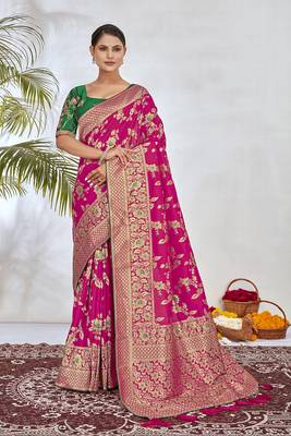  Rani Pink Woven Silk Blend Saree With Blouse 1