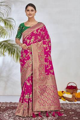  Rani Pink Woven Silk Blend Saree With Blouse 2