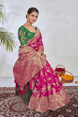  Rani Pink Woven Silk Blend Saree With Blouse 4
