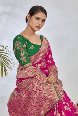  Rani Pink Woven Silk Blend Saree With Blouse 5