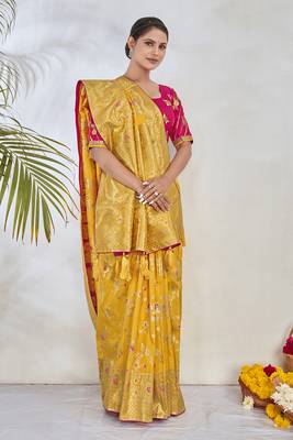 Yellow Woven Silk Blend Saree With Blouse 3