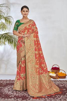 Peach Woven Silk Blend Saree With Blouse 1