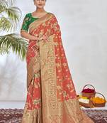 Peach Woven Silk Blend Saree With Blouse