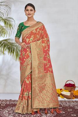 Peach Woven Silk Blend Saree With Blouse 2