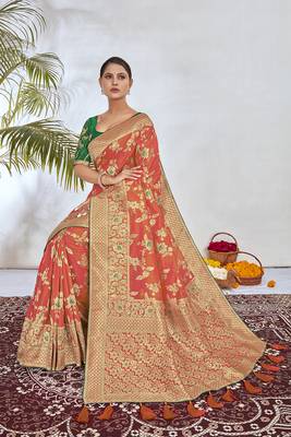 Peach Woven Silk Blend Saree With Blouse 3