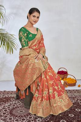 Peach Woven Silk Blend Saree With Blouse 4