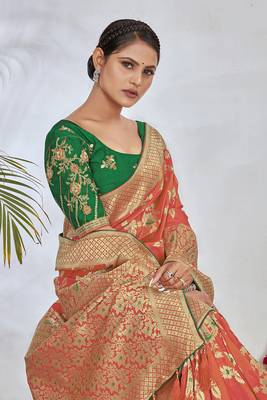 Peach Woven Silk Blend Saree With Blouse 5