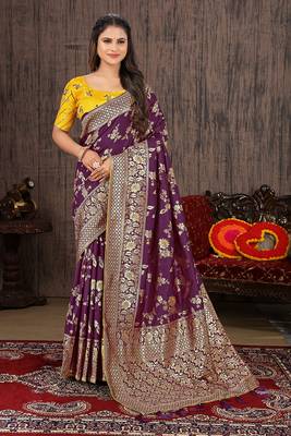 Purple Woven Silk Blend Saree With Blouse 1