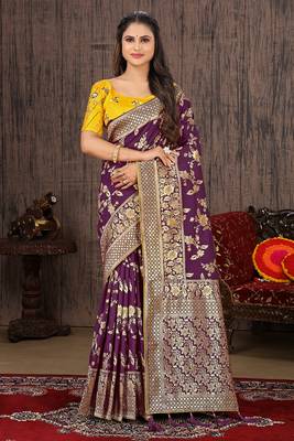 Purple Woven Silk Blend Saree With Blouse 2