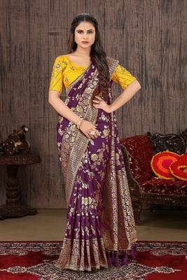 Purple Woven Silk Blend Saree With Blouse 3