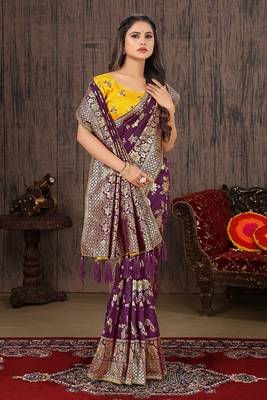 Purple Woven Silk Blend Saree With Blouse 4