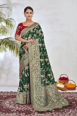  Dark Green Woven Silk Blend Saree With Blouse 1