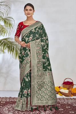  Dark Green Woven Silk Blend Saree With Blouse 2
