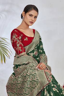  Dark Green Woven Silk Blend Saree With Blouse 5