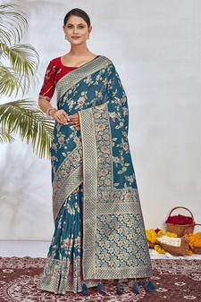 Turquoise Woven Silk Blend Saree With Blouse