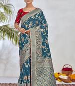 Turquoise Woven Silk Blend Saree With Blouse