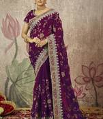 Wine embroidered organza saree with blouse