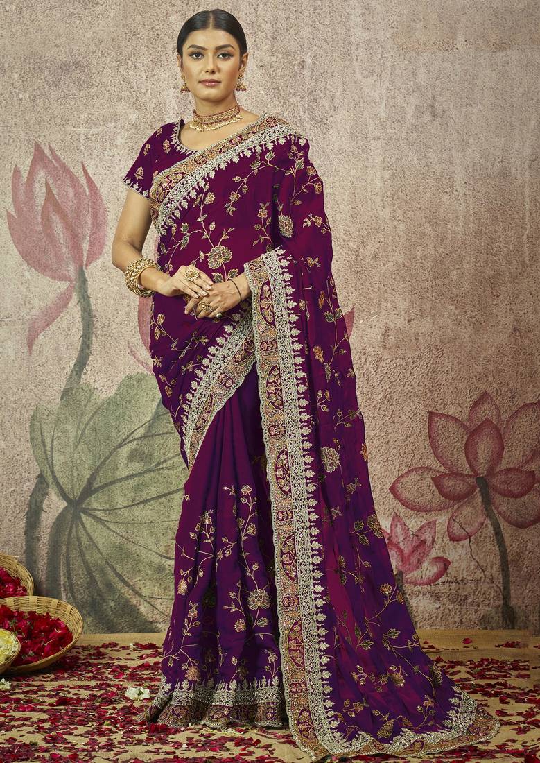Wine embroidered organza saree with blouse