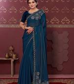 Navy blue embroidered silk saree with blouse