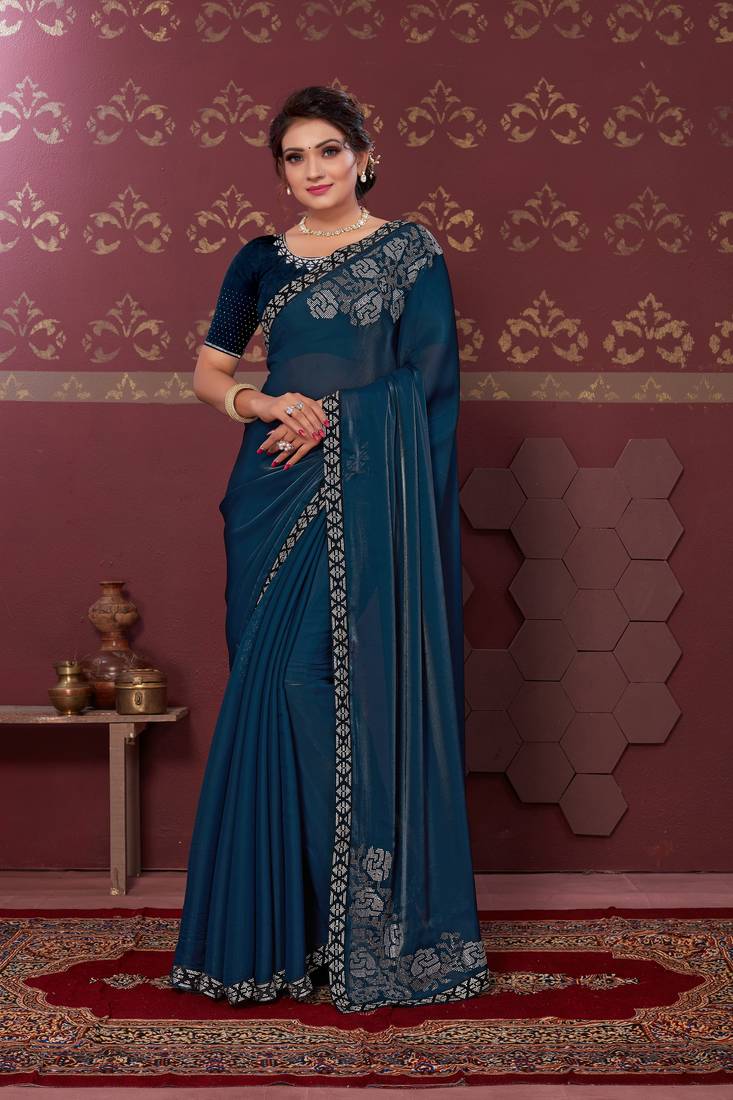 Navy blue embroidered silk saree with blouse