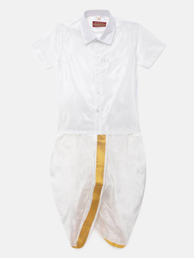 Thangamagan Boys White Shirt & Cream Panjagajam Ethnic South Indian Festival Set