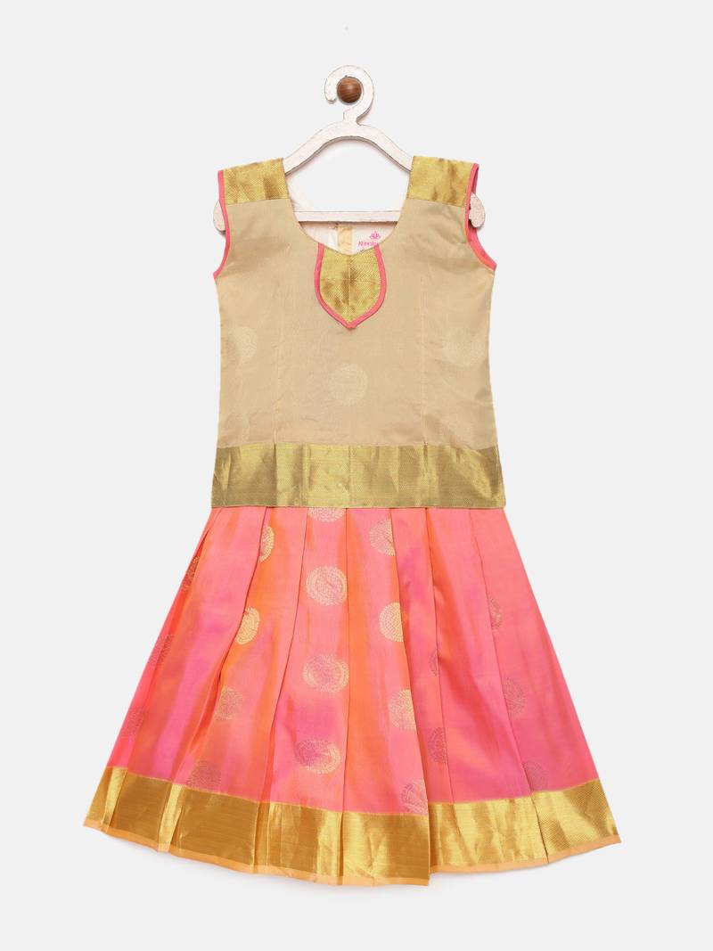 Beige Girls Puresilk Pattu Pavadai Set