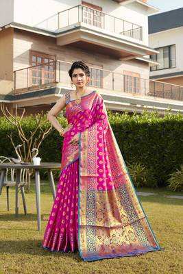 Pink hand woven Banarasi silk blend saree with blouse 1
