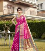 Pink hand woven Banarasi silk blend saree with blouse