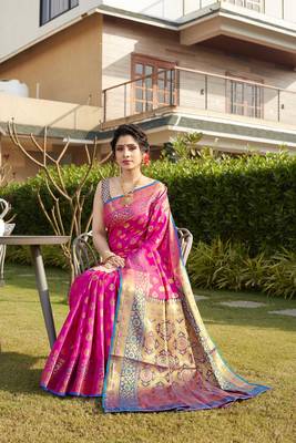 Pink hand woven Banarasi silk blend saree with blouse 2