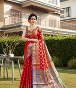 Red hand woven Banarasi silk blend saree with blouse