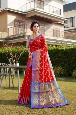 Red hand woven Banarasi silk blend saree with blouse 1