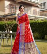 Red hand woven Banarasi silk blend saree with blouse