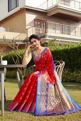 Red hand woven Banarasi silk blend saree with blouse 2