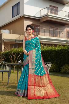 Blue hand woven banarasi silk saree with blouse