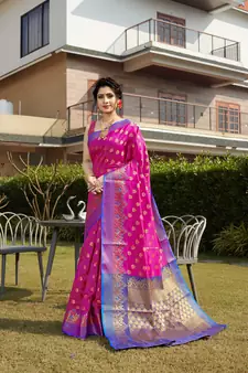 Pink hand woven banarasi silk saree with blouse