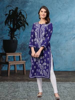 Ada Handmade Royal Blue Cotton Lucknow Chikan Indian Women Kurta - A259597 1