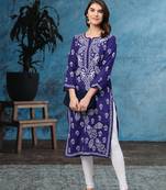 Ada Handmade Royal Blue Cotton Lucknow Chikan Indian Women Kurta - A259597