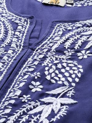 Ada Handmade Royal Blue Cotton Lucknow Chikan Indian Women Kurta - A259597 2