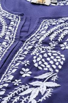 Ada Handmade Royal Blue Cotton Lucknow Chikan Indian Women Kurta - A259597