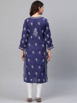 Ada Handmade Royal Blue Cotton Lucknow Chikan Indian Women Kurta - A259597 3