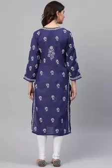 Ada Handmade Royal Blue Cotton Lucknow Chikan Indian Women Kurta - A259597
