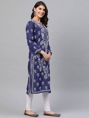 Ada Handmade Royal Blue Cotton Lucknow Chikan Indian Women Kurta - A259597 4