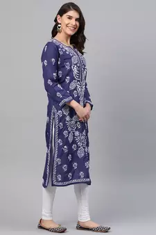 Ada Handmade Royal Blue Cotton Lucknow Chikan Indian Women Kurta - A259597