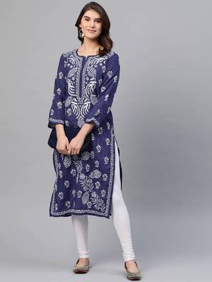 Ada Handmade Royal Blue Cotton Lucknow Chikan Indian Women Kurta - A259597 5