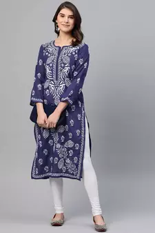 Ada Handmade Royal Blue Cotton Lucknow Chikan Indian Women Kurta - A259597