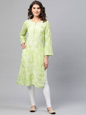 Hand Crafted Green Cotton Lucknow Chikan Indian Women Kurta 1