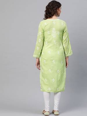 Hand Crafted Green Cotton Lucknow Chikan Indian Women Kurta 3